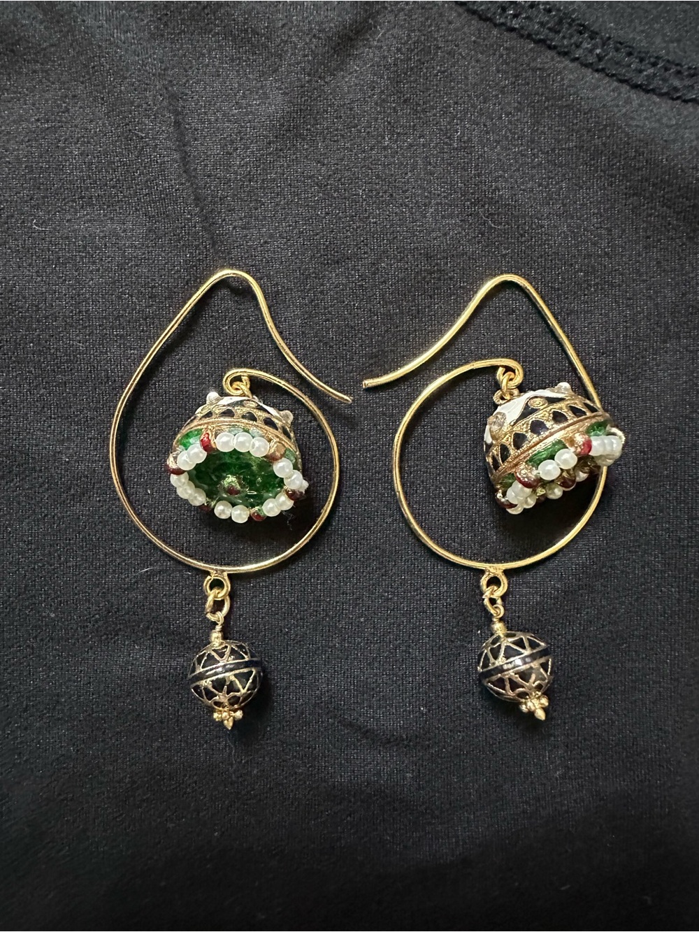 Gold-Tone Green Bead Dangle Earrings with Pearls